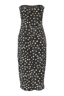 Black polyester-blend abstract dot print strapless sheath dress