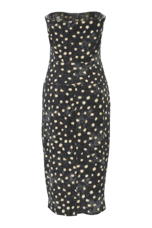 Black polyester-blend abstract dot print strapless sheath dress