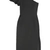 Black polyester-blend cloqué Andie one-shoulder side-slit sheath dress with single gathered puff sleeve