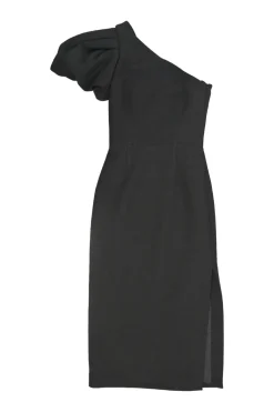 Black polyester-blend cloqué Andie one-shoulder side-slit sheath dress with single gathered puff sleeve