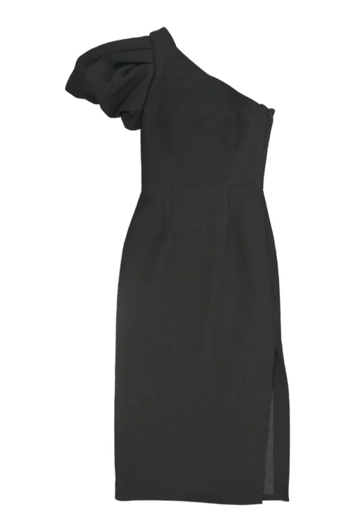 Black polyester-blend cloqué Andie one-shoulder side-slit sheath dress with single gathered puff sleeve