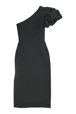 Black polyester-blend cloqué Andie one-shoulder side-slit sheath dress with single gathered puff sleeve