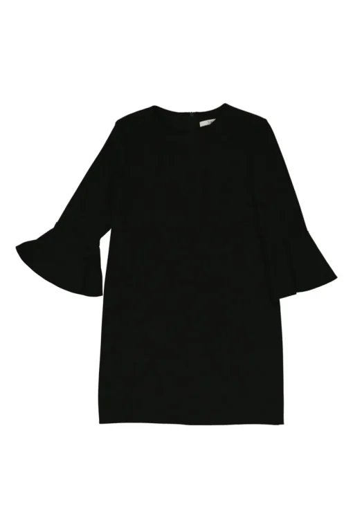 Black polyester-blend crewneck pullover flounce sleeve shift dress