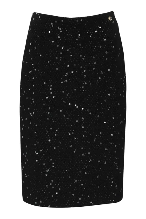 Black polyester-blend fantasy bouclé tweed tailored pencil skirt