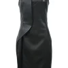 Black polyester-blend faux leather bustier sheath dress with tonal cascade ruffle appliqué and adjustable straps