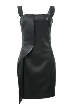Black polyester-blend faux leather bustier sheath dress with tonal cascade ruffle appliqué and adjustable straps