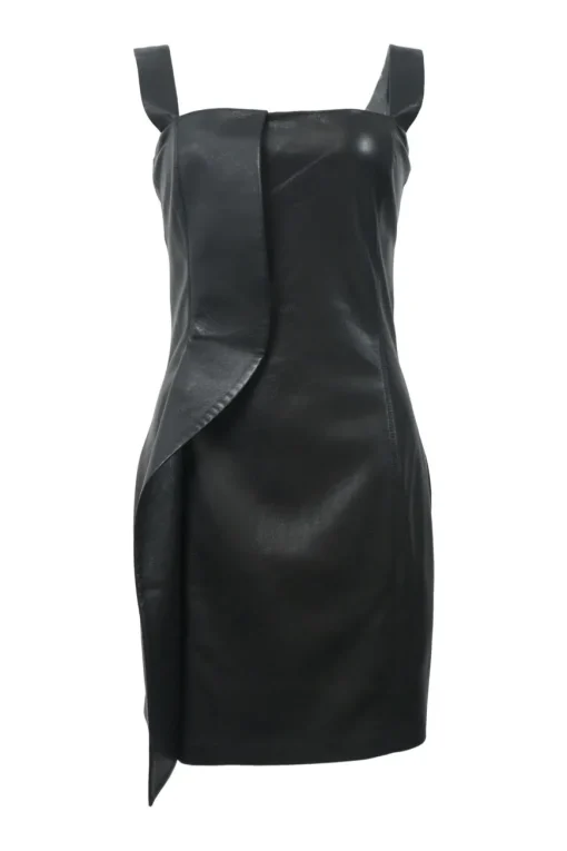 Black polyester-blend faux leather bustier sheath dress with tonal cascade ruffle appliqué and adjustable straps