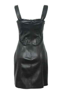 Black polyester-blend faux leather bustier sheath dress with tonal cascade ruffle appliqué and adjustable straps
