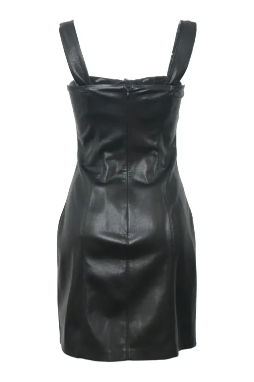 Black polyester-blend faux leather bustier sheath dress with tonal cascade ruffle appliqué and adjustable straps