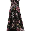Black polyester-blend floral brocade one-shoulder gown