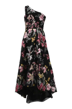 Black polyester-blend floral brocade one-shoulder gown