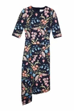 Black polyester-blend floral print half-sleeve asymmetric A-line midi dress