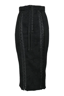 Black polyester-blend floral jacquard pull-on high-rise lace-up midi pencil skirt