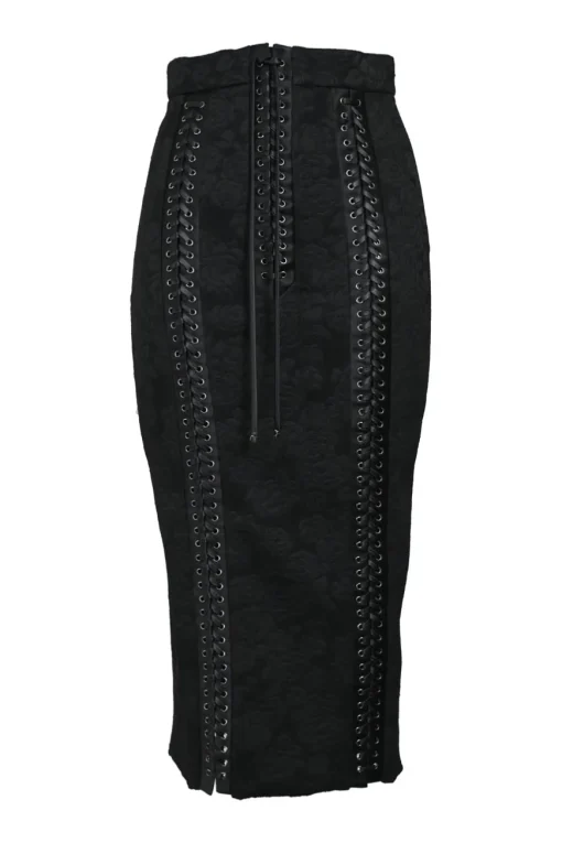 Black polyester-blend floral jacquard pull-on high-rise lace-up midi pencil skirt