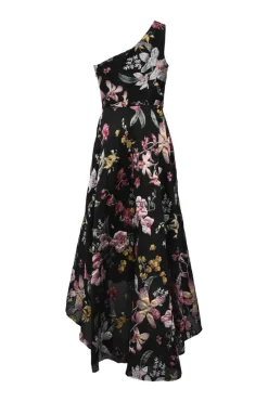 Black polyester-blend floral brocade one-shoulder gown