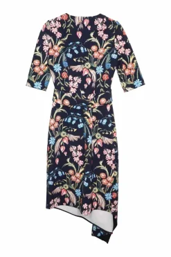 Black polyester-blend floral print half-sleeve asymmetric A-line midi dress