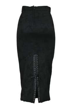 Black polyester-blend floral jacquard pull-on high-rise lace-up midi pencil skirt