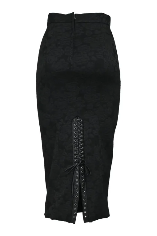 Black polyester-blend floral jacquard pull-on high-rise lace-up midi pencil skirt