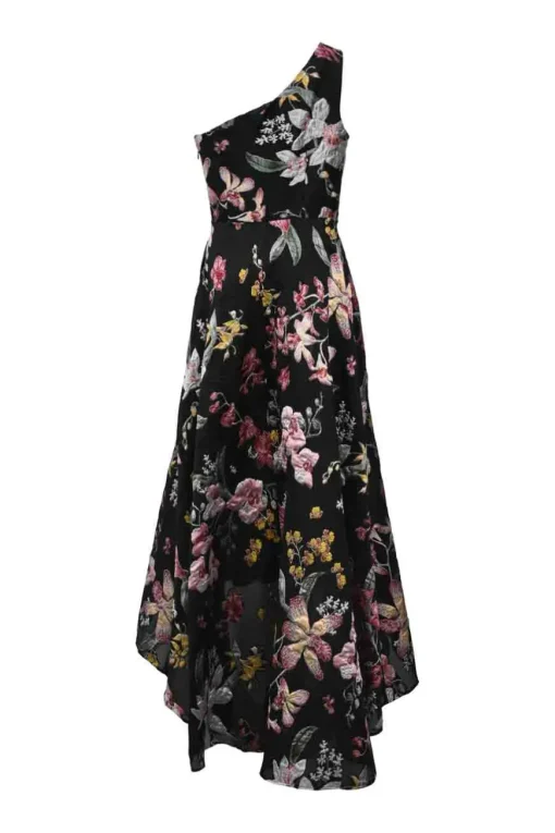 Black polyester-blend floral brocade one-shoulder gown