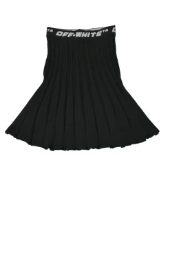 Black polyester-blend interlock plissé knit pull-on A-line skirt with logo jacquard waistband