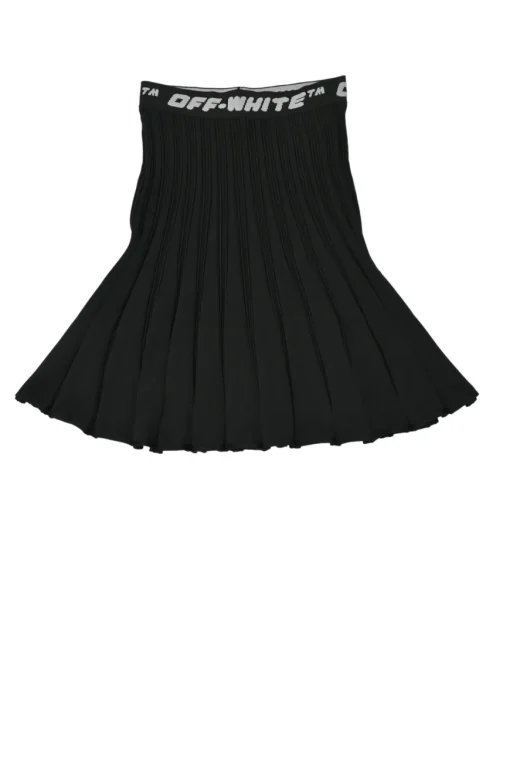Black polyester-blend interlock plissé knit pull-on A-line skirt with logo jacquard waistband