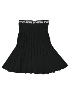 Black polyester-blend interlock plissé knit pull-on A-line skirt with logo jacquard waistband