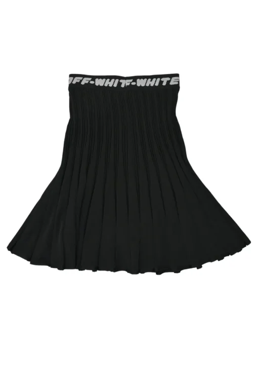 Black polyester-blend interlock plissé knit pull-on A-line skirt with logo jacquard waistband