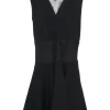 Black polyester-blend layered wrap-effect mini A-line draped lace dress with semi-sheer open back