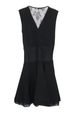 Black polyester-blend layered wrap-effect mini A-line draped lace dress with semi-sheer open back