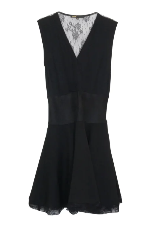 Black polyester-blend layered wrap-effect mini A-line draped lace dress with semi-sheer open back