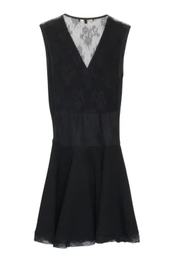 Black polyester-blend layered wrap-effect mini A-line draped lace dress with semi-sheer open back