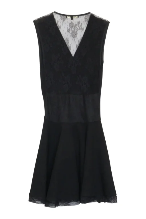Black polyester-blend layered wrap-effect mini A-line draped lace dress with semi-sheer open back