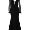 Black polyester-blend mixed-media Tiffani plunge neck tie-back peek-a-boo gown