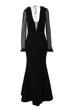 Black polyester-blend mixed-media Tiffani plunge neck tie-back peek-a-boo gown