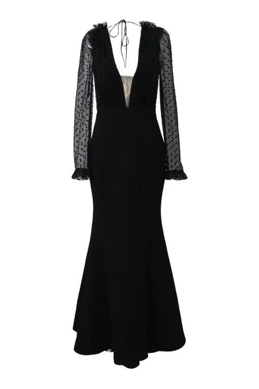 Black polyester-blend mixed-media Tiffani plunge neck tie-back peek-a-boo gown