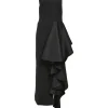 Black polyester-blend mixed-media turtleneck sheath dress with cascade draped hip sash appliqué