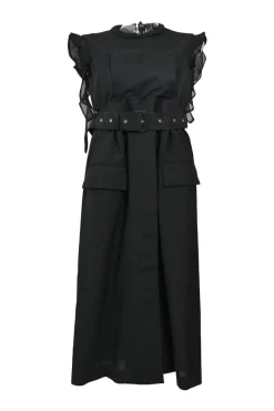 Black polyester-blend mixed-media empire-waist belted midi dress with tonal semi-sheer ruffle trim appliqué