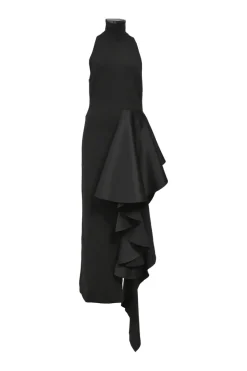 Black polyester-blend mixed-media turtleneck sheath dress with cascade draped hip sash appliqué
