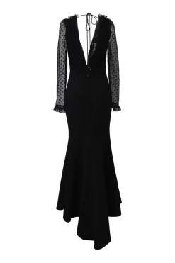Black polyester-blend mixed-media Tiffani plunge neck tie-back peek-a-boo gown