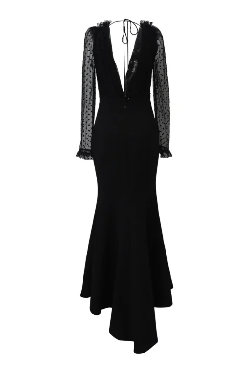 Black polyester-blend mixed-media Tiffani plunge neck tie-back peek-a-boo gown
