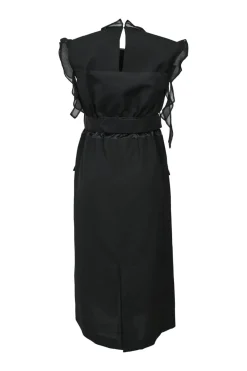 Black polyester-blend mixed-media empire-waist belted midi dress with tonal semi-sheer ruffle trim appliqué