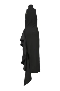 Black polyester-blend mixed-media turtleneck sheath dress with cascade draped hip sash appliqué