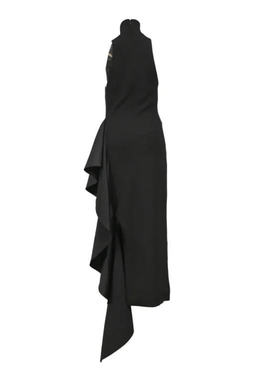 Black polyester-blend mixed-media turtleneck sheath dress with cascade draped hip sash appliqué