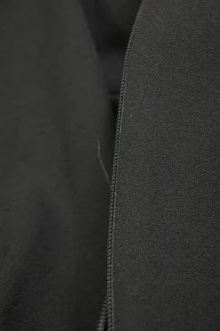 Black polyester-blend mixed-media turtleneck sheath dress with cascade draped hip sash appliqué