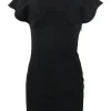 Black polyester-blend mock neck flutter sleeve sheath dress
