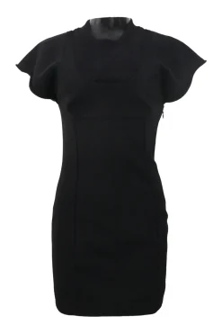 Black polyester-blend mock neck flutter sleeve sheath dress