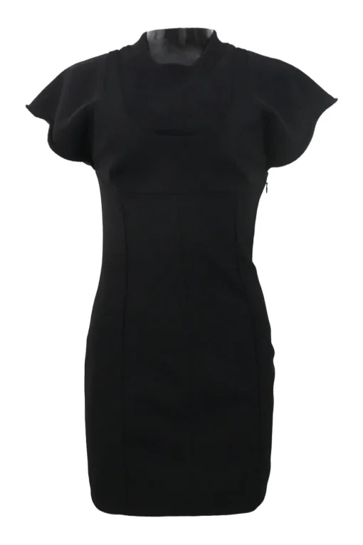 Black polyester-blend mock neck flutter sleeve sheath dress