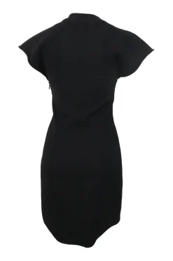 Black polyester-blend mock neck flutter sleeve sheath dress