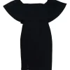 Black polyester-blend off-shoulder ruffle sheath dress with side slit