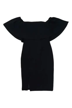 Black polyester-blend off-shoulder ruffle sheath dress with side slit